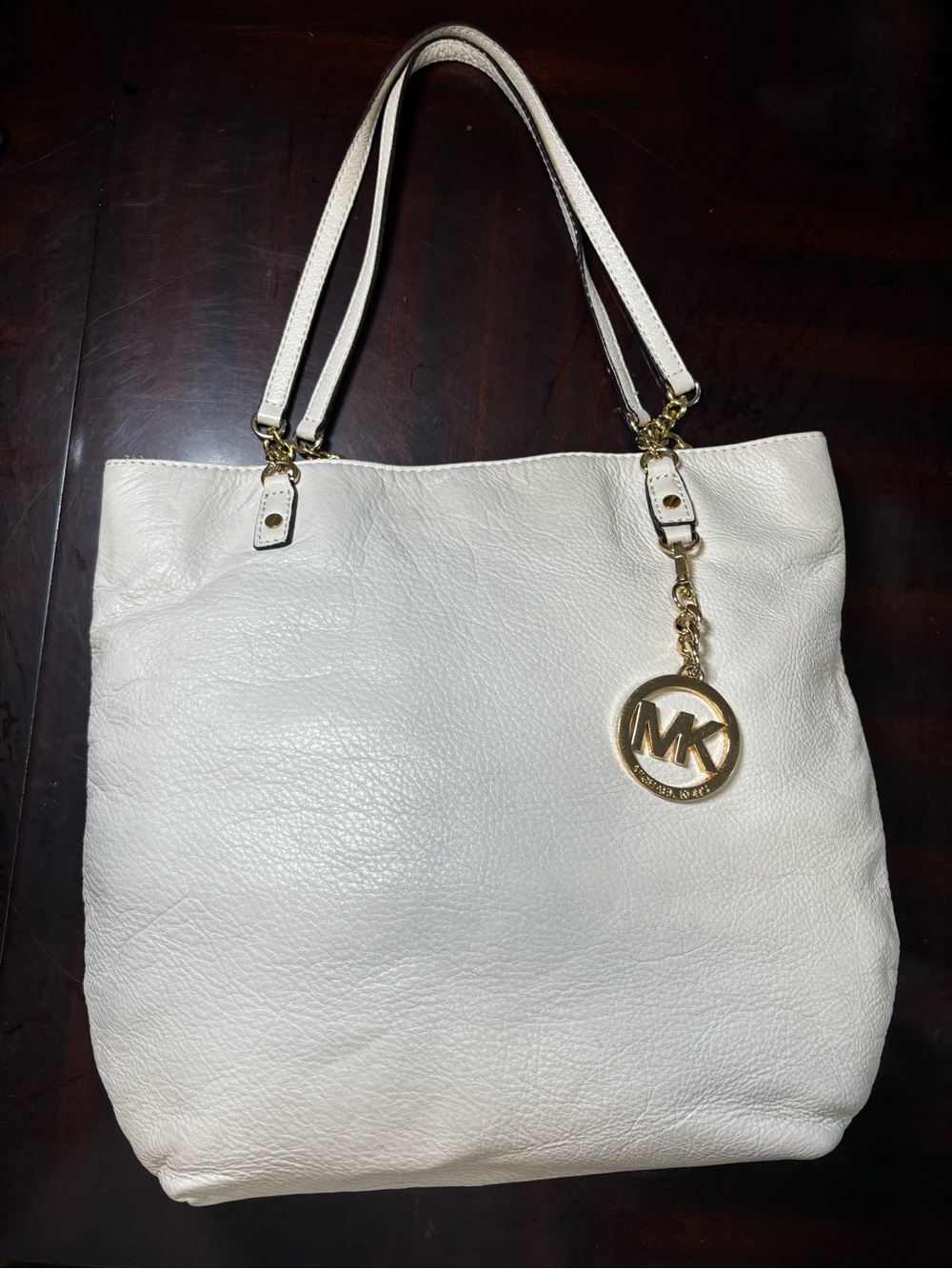 Michael Kors Jet Set Chain White Pebbled Leather Tote Shoulder Bag Gold MK